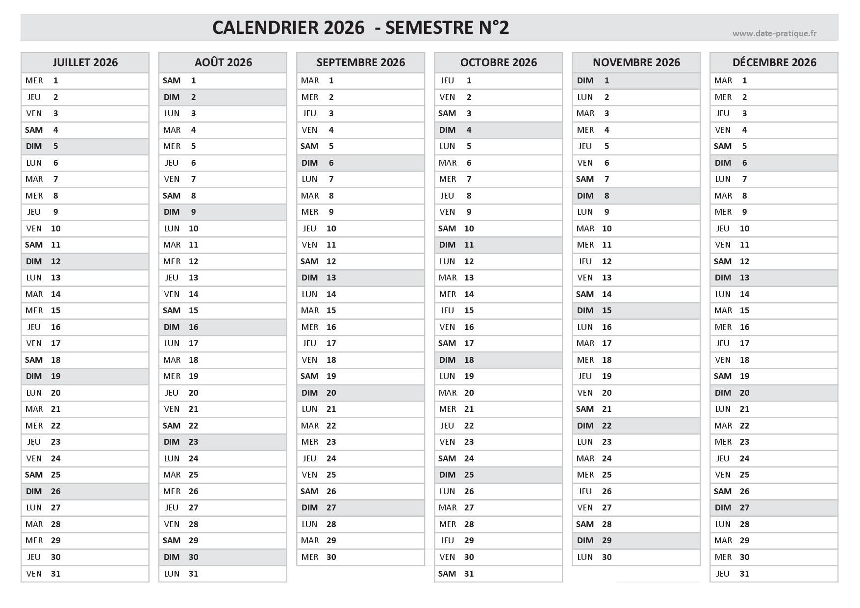 Calendrier Semestriel 2026 Consulter T l charger En Pdf Et Imprimer