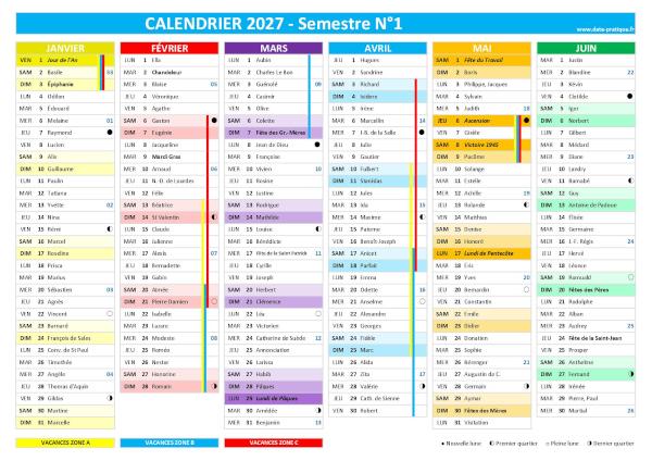calendrier 2027 semestriel : semestre N°1.