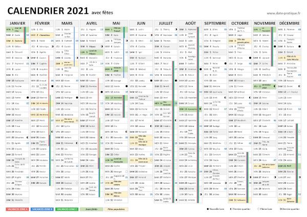 Calendrier 2021 avec fêtes à imprimer.