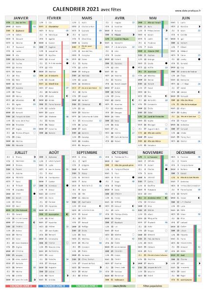 Calendrier 2021 avec fêtes - Format portrait.