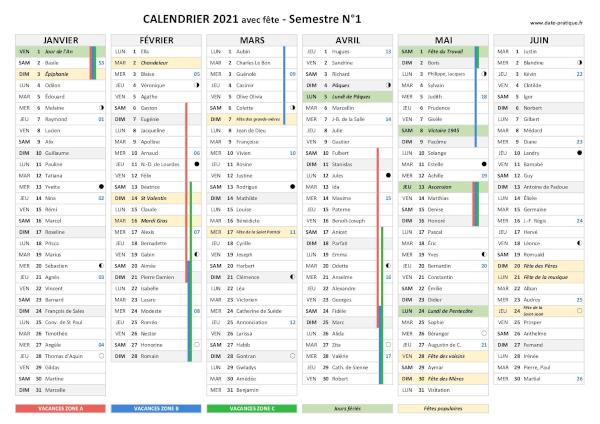 Calendrier 2021 avec fêtes - Semestre N°1.