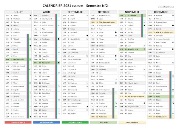 Calendrier 2021 avec fêtes - Semestre N°2.