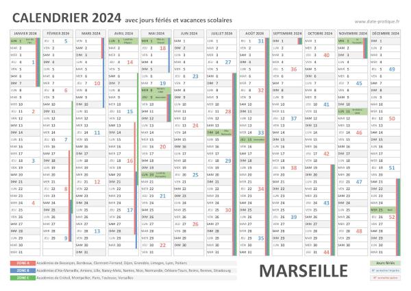 Calendrier 2024 avec les dates jours fériés pour Marseille