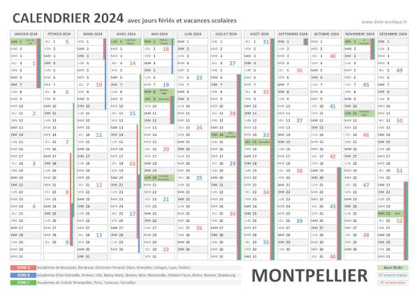 Calendrier 2024 avec les dates jours fériés pour Montpellier
