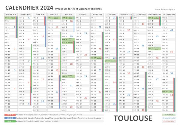 Calendrier 2024 avec les dates jours fériés pour Toulouse