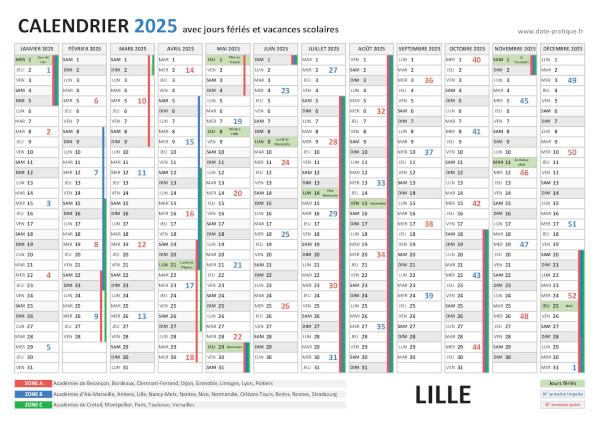 Calendrier 2025 avec les dates jours fériés pour Lille