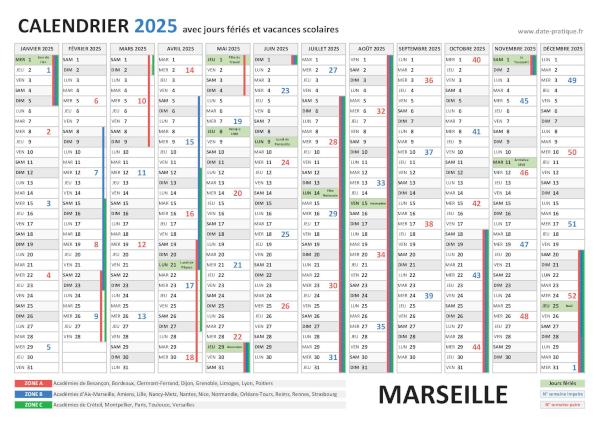 Calendrier 2025 avec les dates jours fériés pour Marseille