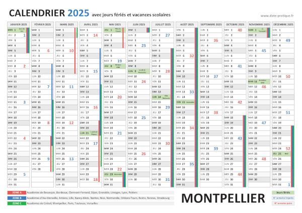 Calendrier 2025 avec les dates jours fériés pour Montpellier