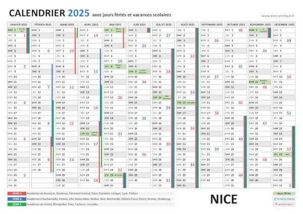 Calendrier 2025 avec les dates jours fériés pour Nice
