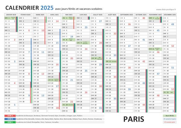 Calendrier 2025 avec les dates jours fériés pour Paris