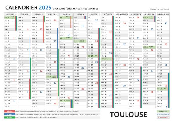 Calendrier 2025 avec les dates jours fériés pour Toulouse