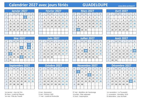Calendrier 2027 avec jours fériés à imprimer - Guadeloupe.