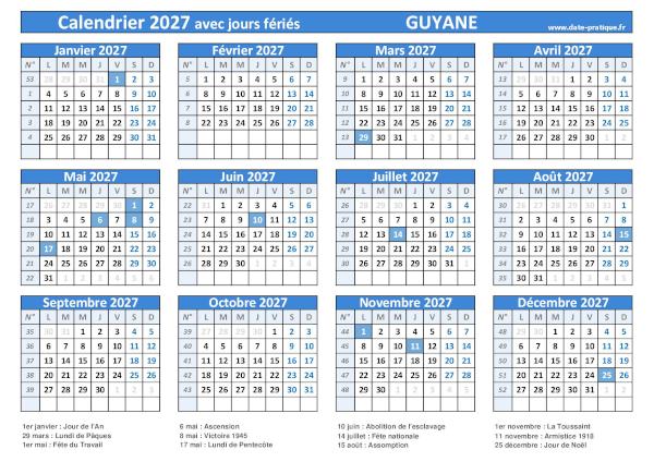 Calendrier 2027 avec jours fériés à imprimer - Guyane.