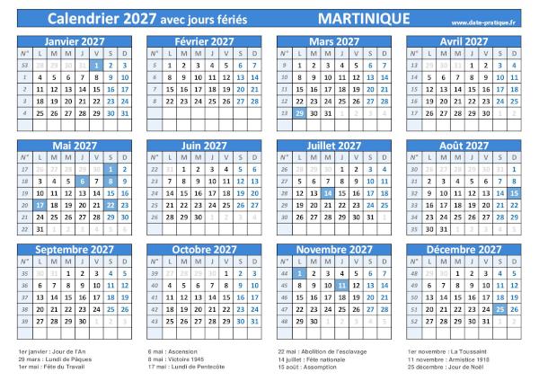 Calendrier 2027 avec jours fériés à imprimer - Martinique.
