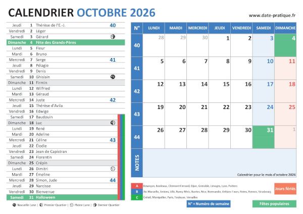 Calendrier d'octobre 2026 incluant les jours fériés, fêtes à souhaiter, vacances scolaires, phases lunaires et numéros de semaine.