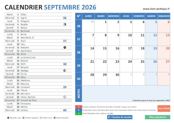 Calendrier de septembre 2026 incluant les jours fériés, fêtes à souhaiter, vacances scolaires, phases lunaires et numéros de semaine.