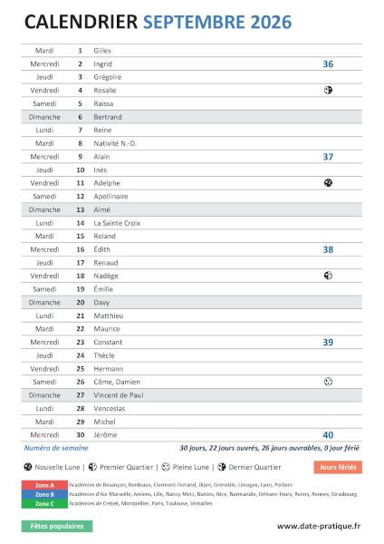 Calendrier mensuel de Septembre 2026 avec fêtes à souhaiter, jours fériés, vacances scolaires, numéros de semaine et phases lunaires à télécharger gratuitement.