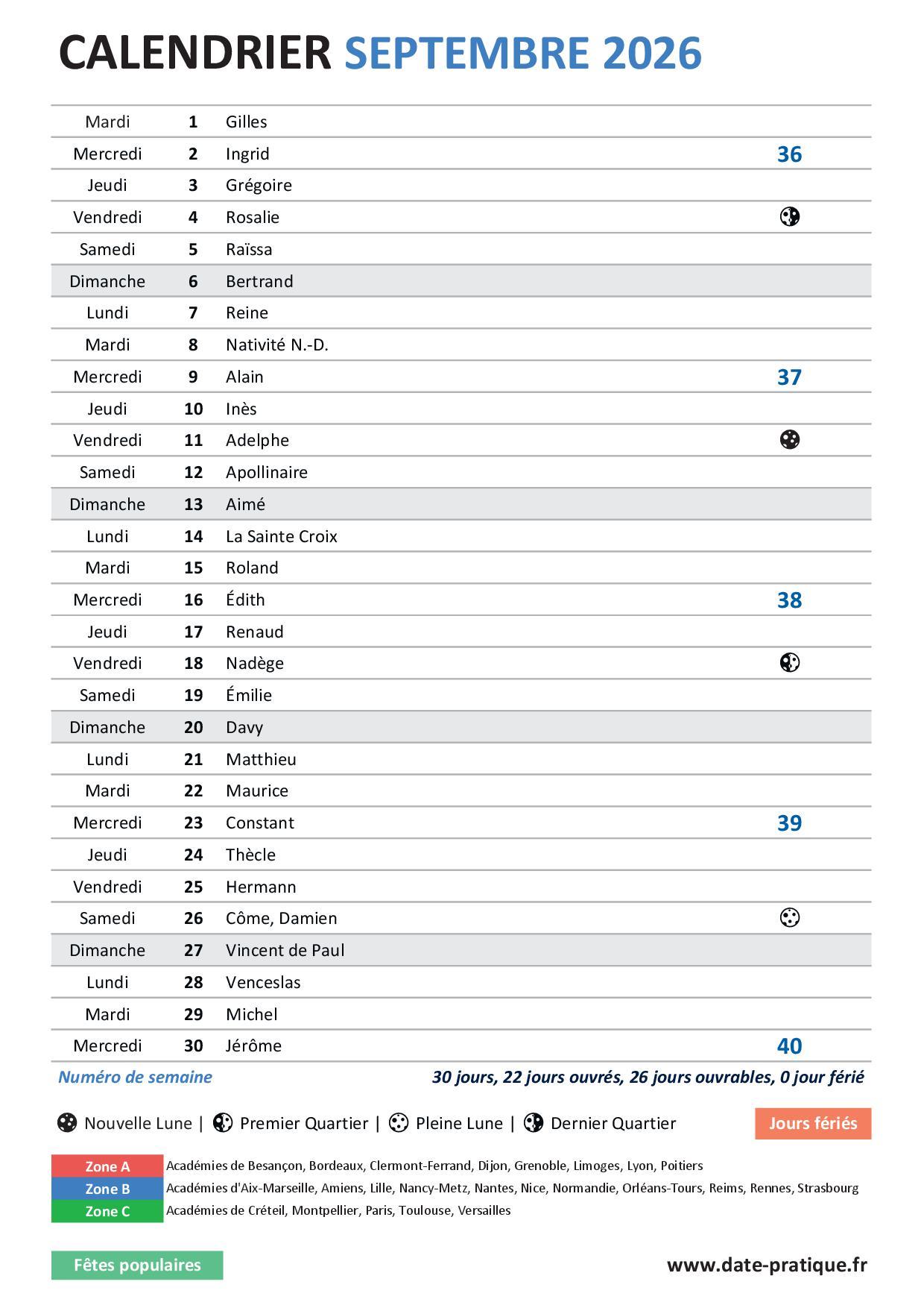  Calendrier Septembre 2026 T l charger En PDF Et Imprimer Gratuitement