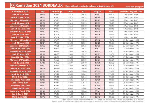 Calendrier 2024 pour le mois de ramadan avec les dates de début et de fin ainsi que celles des prières, thème rouge.