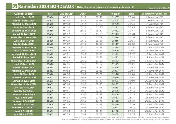 Calendrier 2024 pour le mois de ramadan avec les dates de début et de fin ainsi que celles des prières, thème vert.