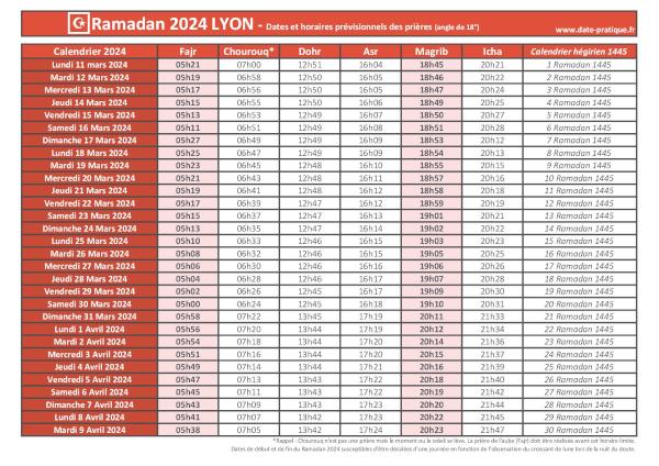 Calendrier 2024 pour le mois de ramadan avec les dates de début et de fin ainsi que celles des prières, thème rouge.