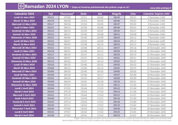 Calendrier 2024 pour le mois de ramadan avec les dates de début et de fin ainsi que celles des prières, thème violet.