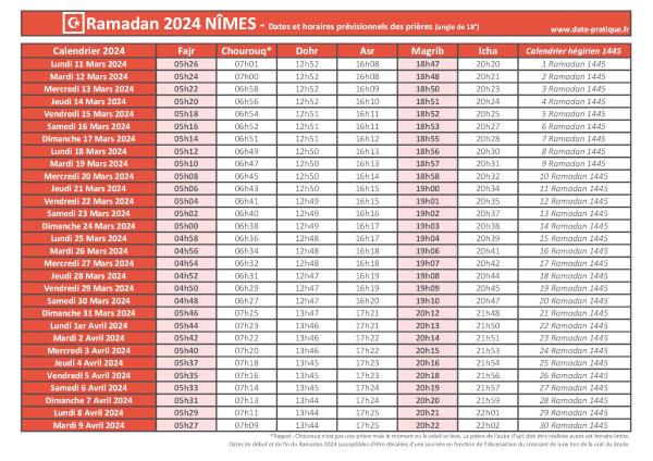 Calendrier 2024 pour le mois de ramadan avec les dates de début et de fin ainsi que celles des prières, thème rouge.