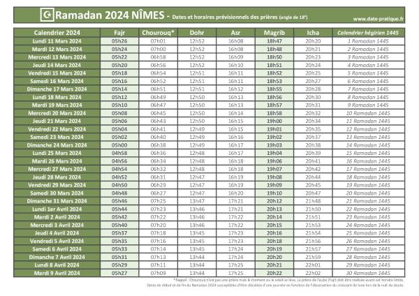 Calendrier 2024 pour le mois de ramadan avec les dates de début et de fin ainsi que celles des prières, thème vert.