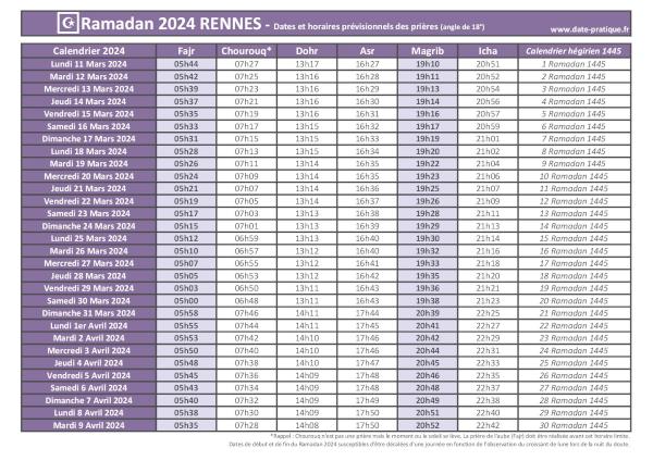 Calendrier 2024 pour le mois de ramadan avec les dates de début et de fin ainsi que celles des prières, thème violet.