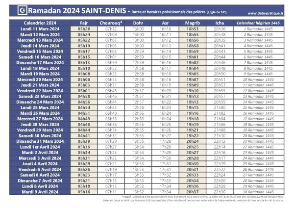 Ramadan 2024 : dates, calendrier et heures des prières pour la ville de Saint-Denis