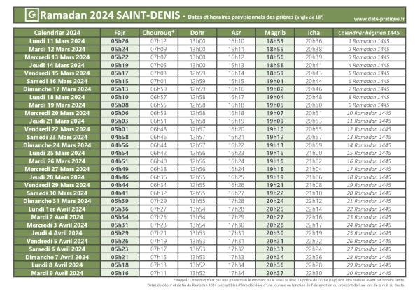 Calendrier 2024 pour le mois de ramadan avec les dates de début et de fin ainsi que celles des prières, thème vert.