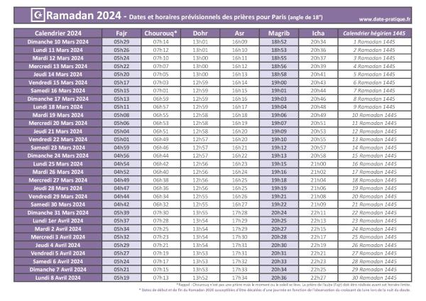 Calendrier 2024 pour le mois de ramadan avec les dates de début et de fin ainsi que celles des prières, thème violet.