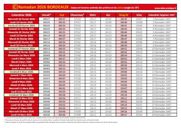 Calendrier 2026 pour le mois de ramadan avec les dates de début et de fin ainsi que celles des prières, thème rouge.