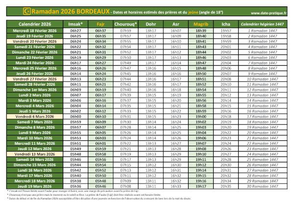 Calendrier 2026 pour le mois de ramadan avec les dates de début et de fin ainsi que celles des prières, thème vert.
