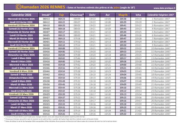 Calendrier 2026 pour le mois de ramadan avec les dates de début et de fin ainsi que celles des prières, thème violet.