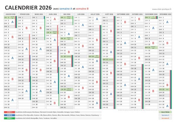 Calendrier 2026 avec semaine A et semaine B.