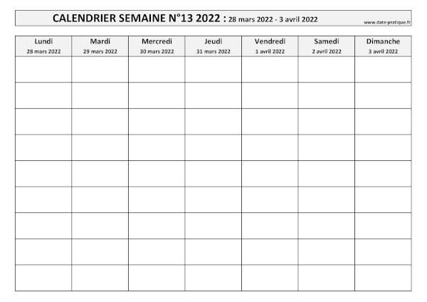 Calendrier pour la semaine 13 2022 à imprimer.