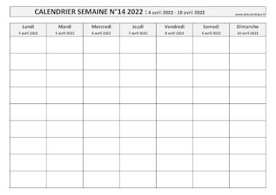 Calendrier pour la semaine 14 2022 à imprimer.