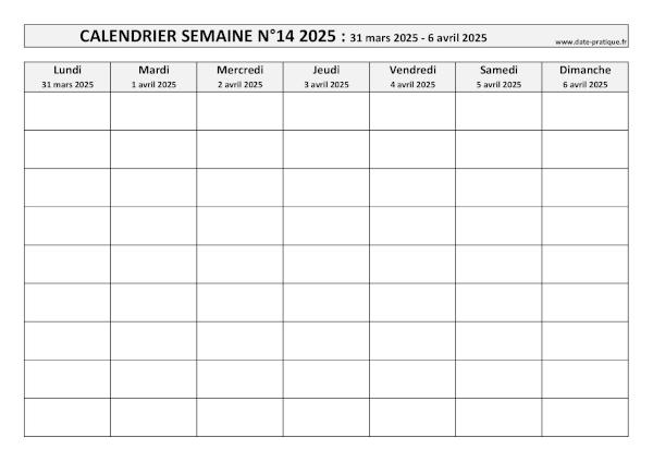 Calendrier pour la semaine 14 2025 à imprimer.