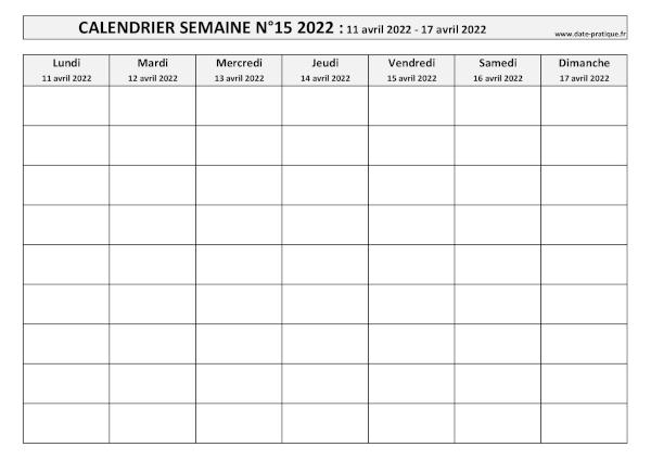 Calendrier pour la semaine 15 2022 à imprimer.