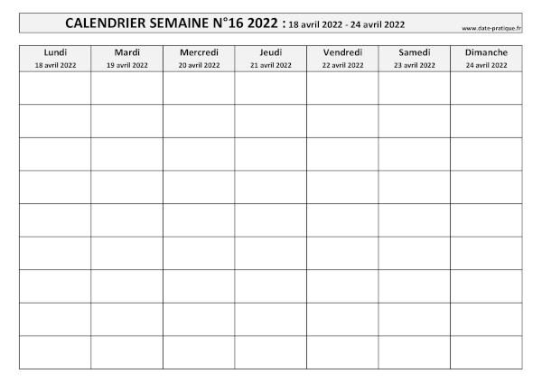 Calendrier pour la semaine 16 2022 à imprimer.