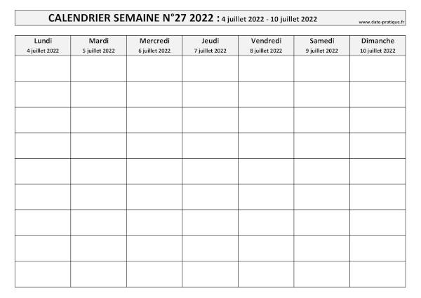 Calendrier pour la semaine 27 2022 à imprimer.