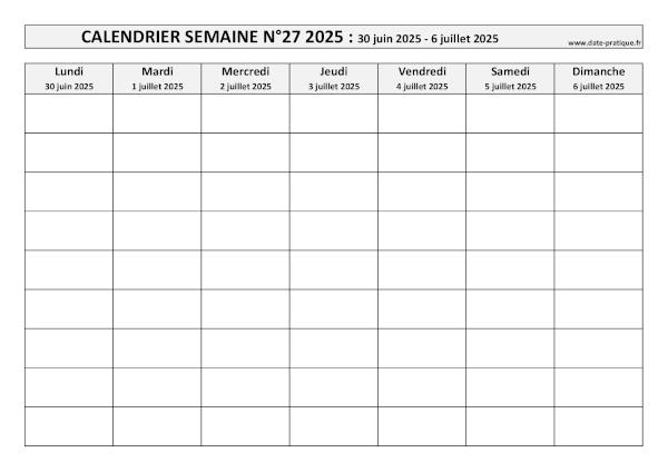 Calendrier pour la semaine 27 2025 à imprimer.