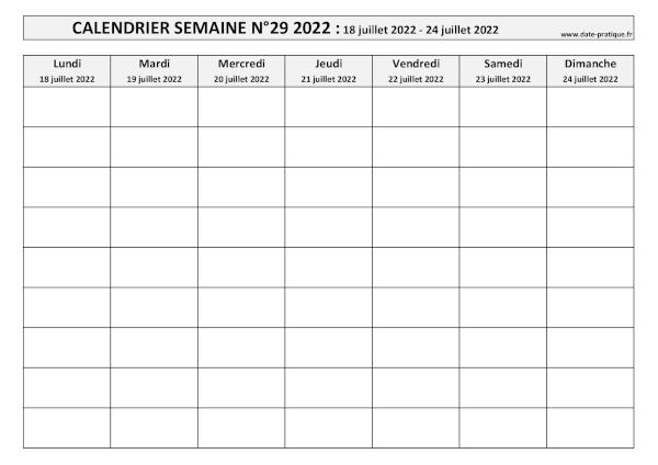 Calendrier pour la semaine 29 2022 à imprimer.