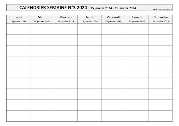 Calendrier pour la semaine 3 2024 à imprimer.