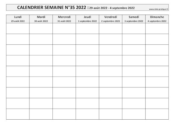 Calendrier pour la semaine 35 2022 à imprimer.