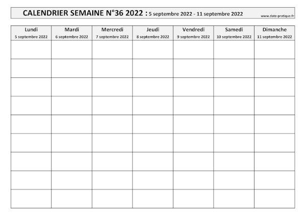Calendrier pour la semaine 36 2022 à imprimer.