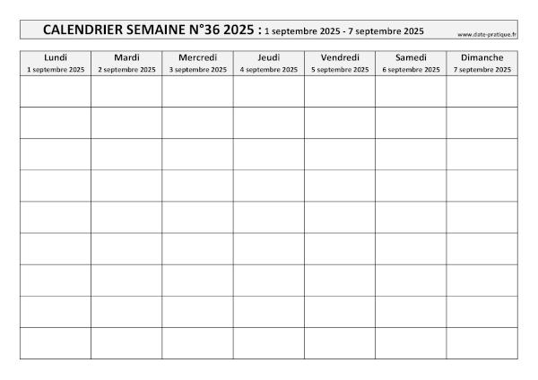 Calendrier pour la semaine 36 2025 à imprimer.