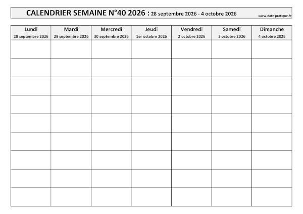 Calendrier pour la semaine 40 2026 à imprimer en noir et blanc, format A4 paysage.