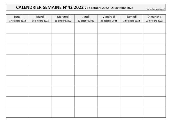 Calendrier pour la semaine 42 2022 à imprimer.